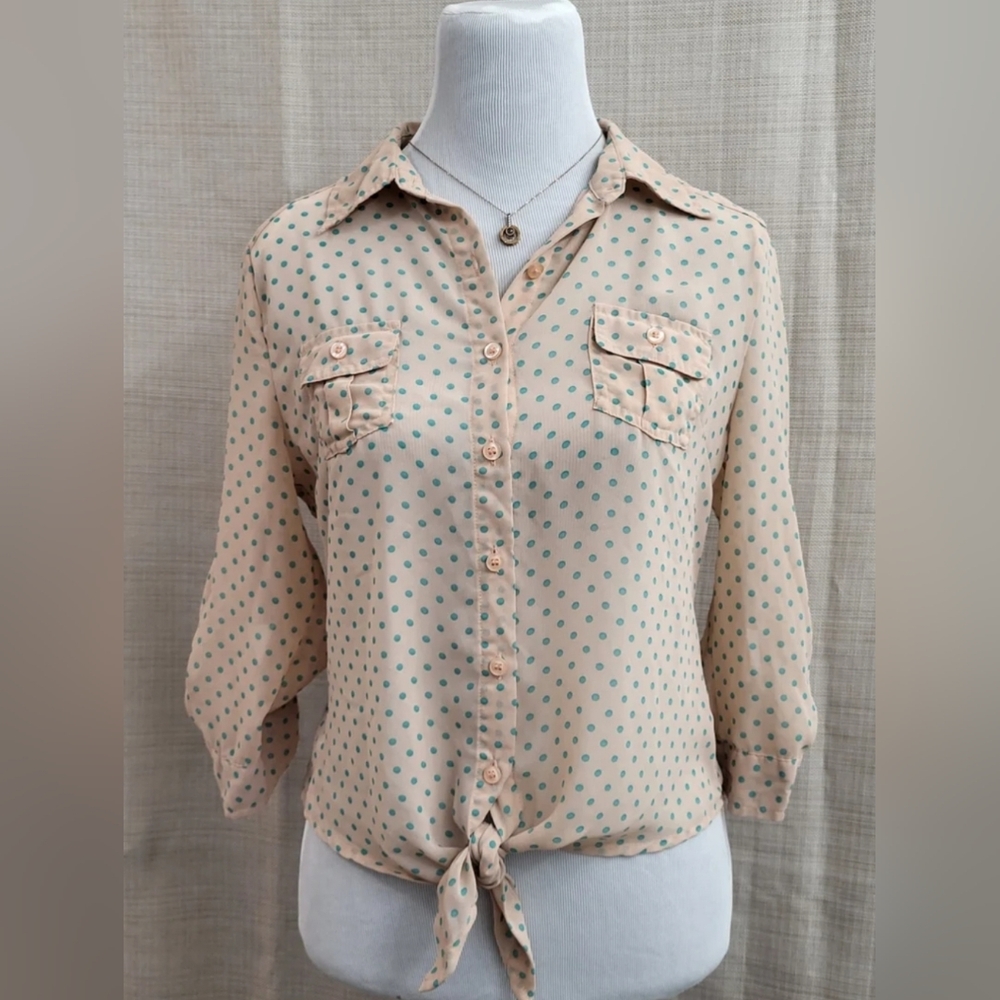 Pearl Orange Green Sheer 3/4 Sleeve Tie Front Button Up Blouse Size Large
